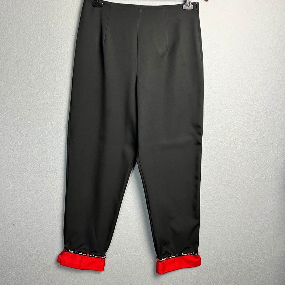 Lucia Lakken Black Tailored Cigarette Pants Cropped Red Cuff‎ Colorblock Sz 12